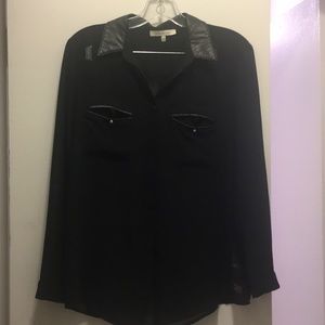 Sheer button down with leather and skull detail